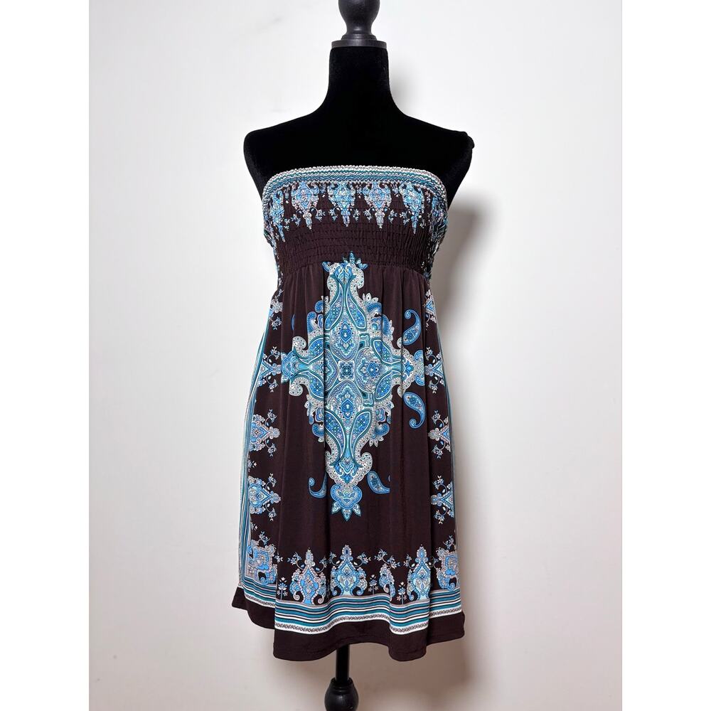 Vtg Y2K Rhapsody Brown Blue Paisley Babydoll Strapless Dress